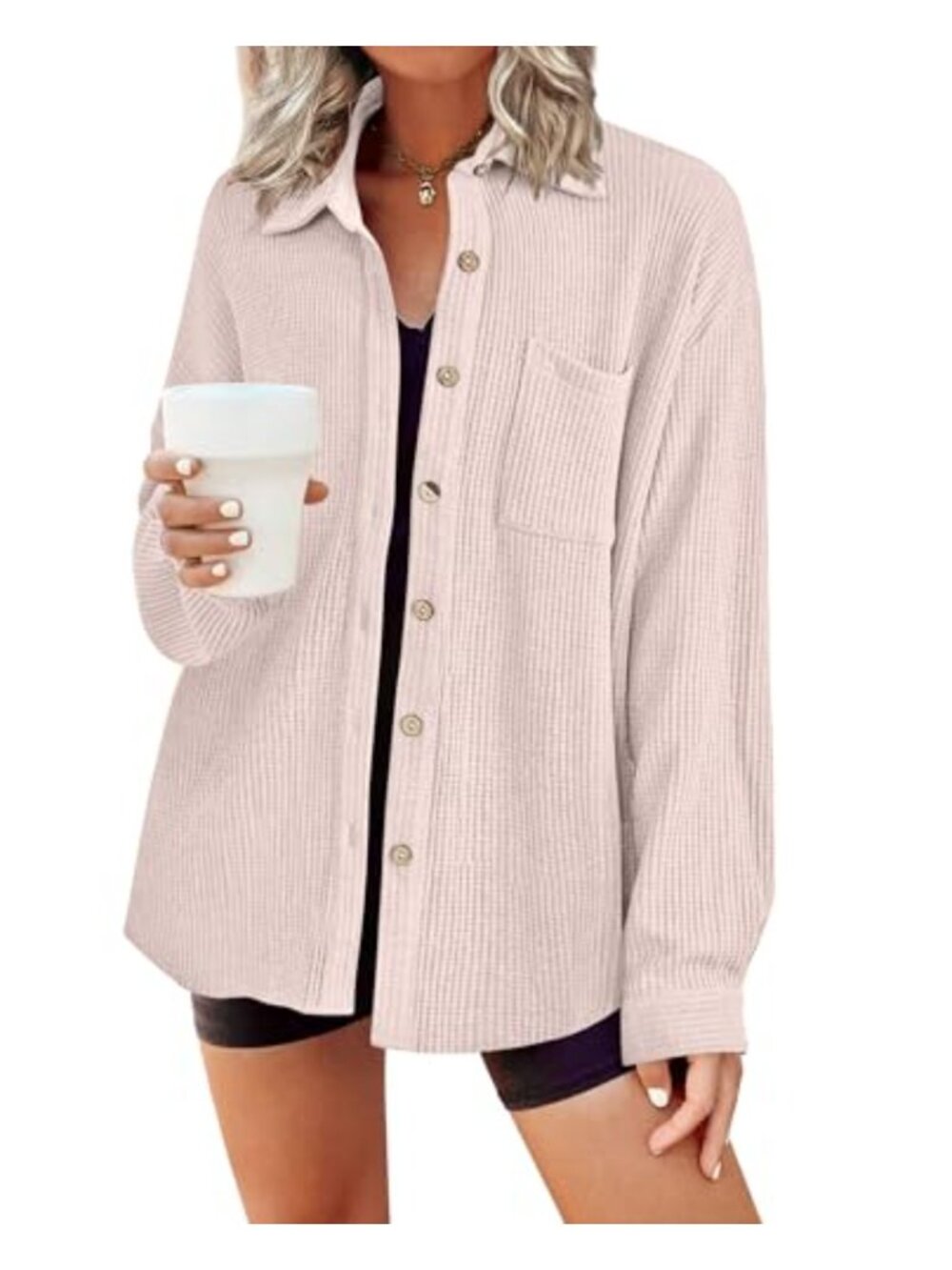 Waffle Knit Button Down Shacket Long Sleeve V-Neck Chest Pocket Women